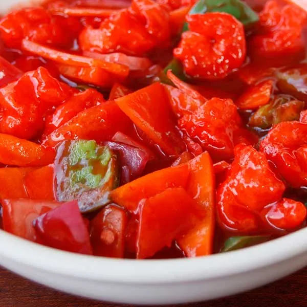 Sweet and Sour Prawns - prawns in balanced sweet-tangy sauce with pineapple and bell peppers