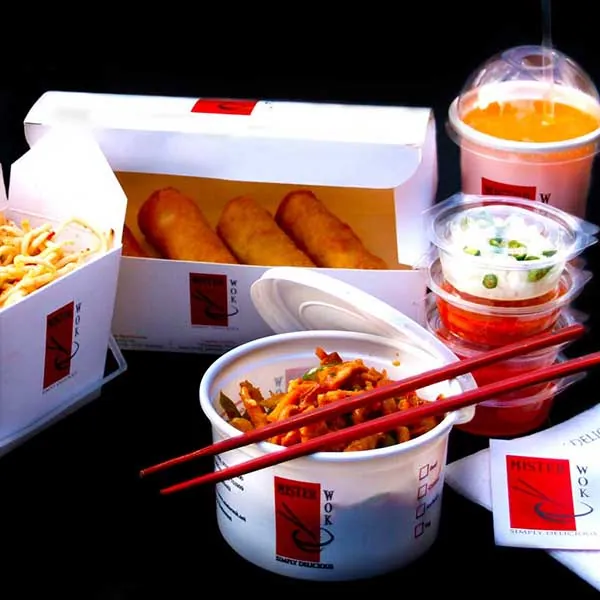 Mister Wok takeaway box with stir-fry, premium aromatic rice and spring roll — feeds 1 to 2 people